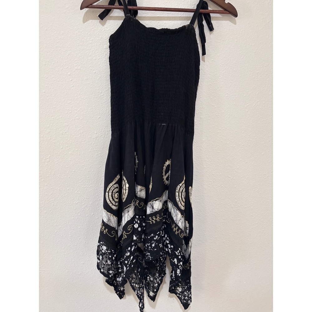 Fashion Terminal Black Smocked Handkerchief Hem Boho/Fairy Dress Free Size